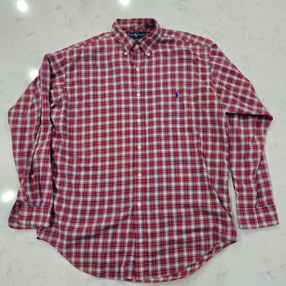 Ralph Lauren Polo Blake Mens M Plaid Button Down Shirt Red Blue Cotton Long
